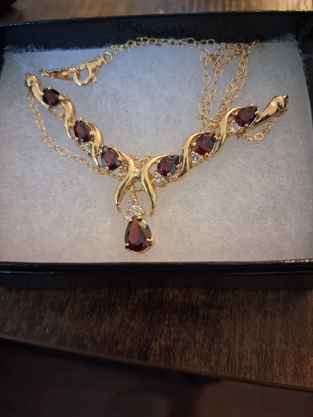 Gold-Tone Garnet Teardrop Necklace and Earrings Set